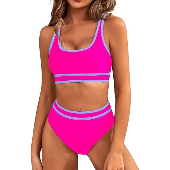 BMJL Bikini Swimsuit Womens Large Pink High Waisted Sporty Scoop Neck Adjustable - Picture 1 of 9